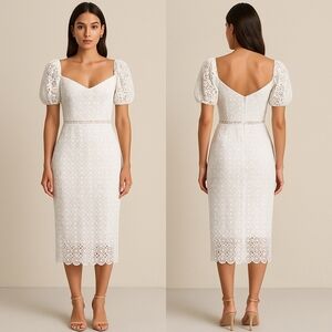 Express Woman's White Eyelet Lace Puff Sleeve Midi Dress XS – Bridal, Summer,